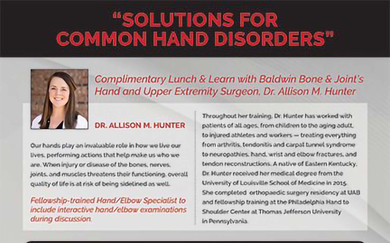 Baldwin Bone &amp; Joint To Host Hand Disorder Seminar