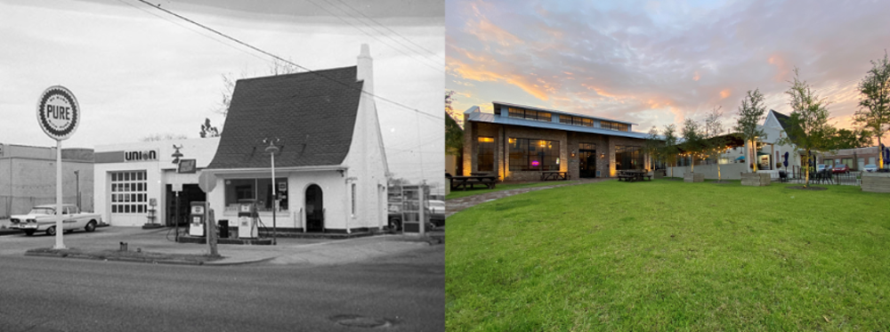 (l-r) When the property at 650 St. Louis Street was a service station and today, as The Cheese Cottage right, with wingman Brewing Co. adjoining to the rear; images courtesy of The Cheese Cottage, LLC, and Visit Mobile, respectively