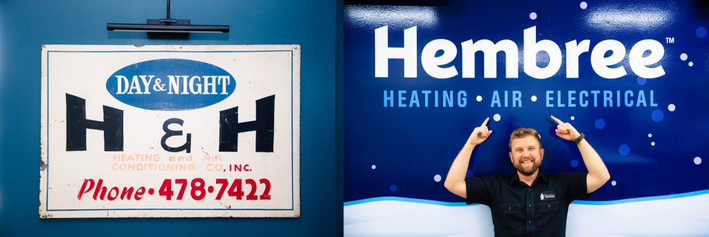 Side-by-side images: the original H&H Heating and Air Conditioning sign from 1969 on the left, and Josh Hembree posing with the modern Hembree Heating Air Electrical sign on the right