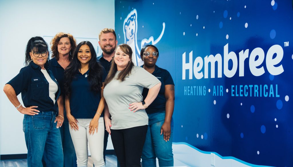 Group photo of the Hembree Heating & Air Conditioning team, six people smiling