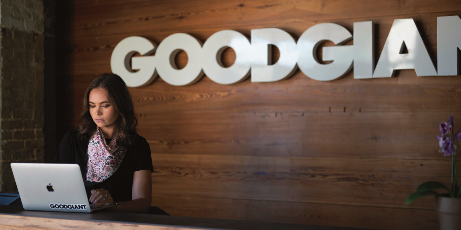 Woman working at a laptop inside the Good Giant office, with the GOODGIANT logo visible on the wall behind her