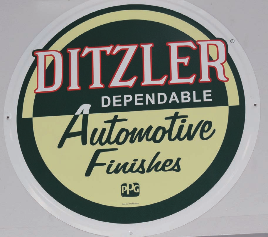 Circular vintage Ditzler Dependable Automotive Finishes sign with PPG logo