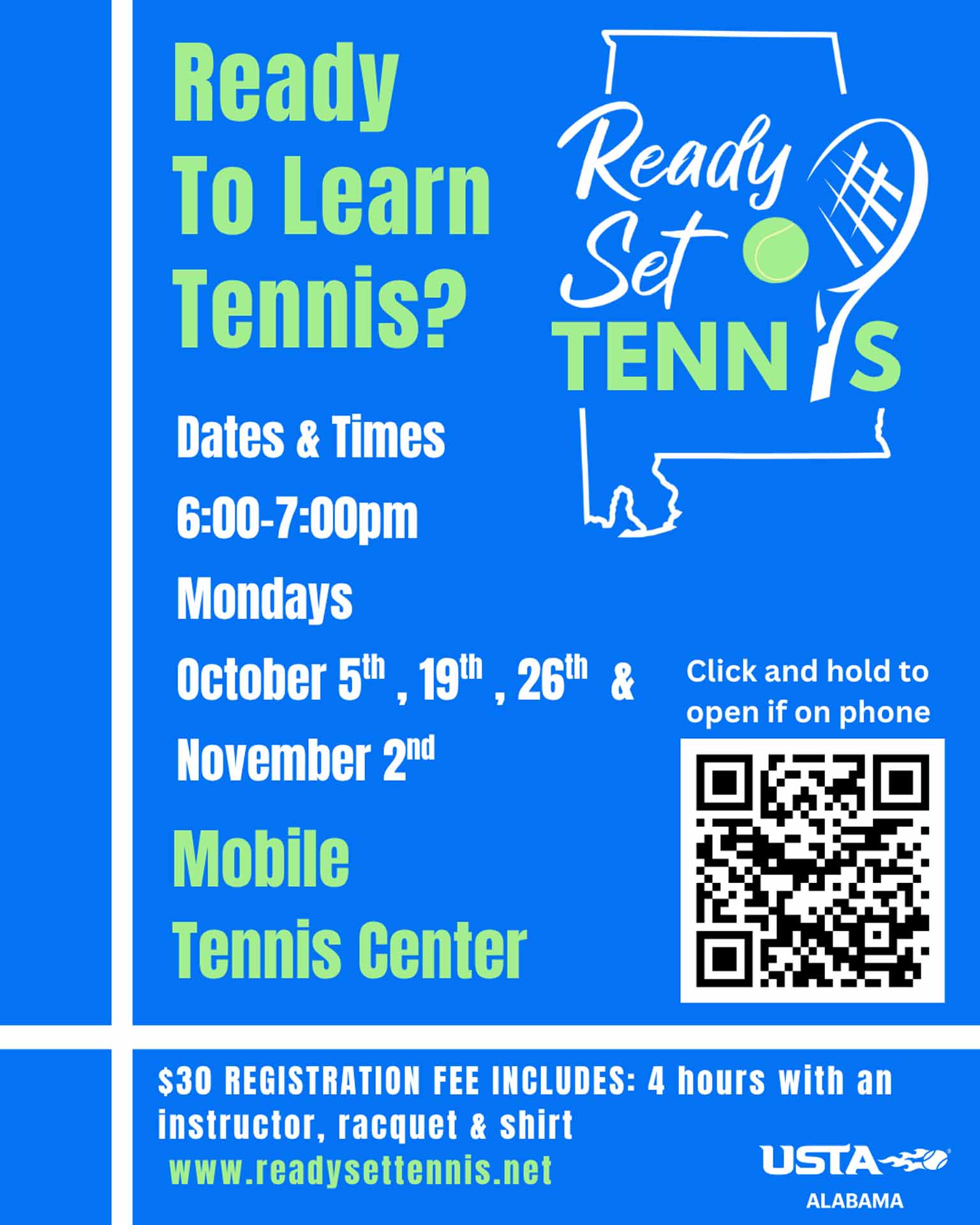 Mobile’s Ready Set Tennis Program To Begin October 5