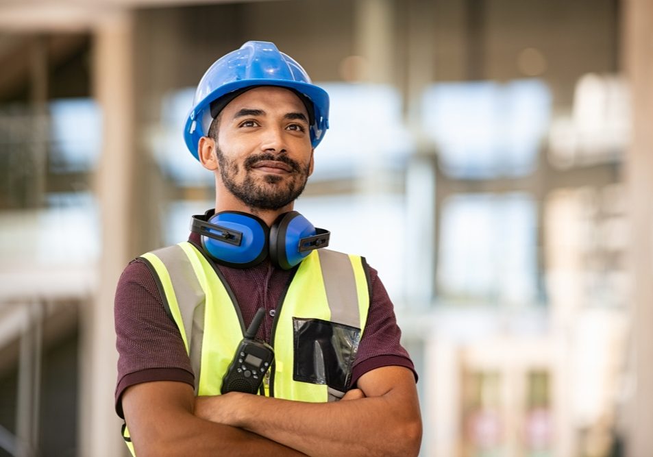 Indian,Construction,Site,Manager,Standing,With,Folded,Arms,Wearing,Safety